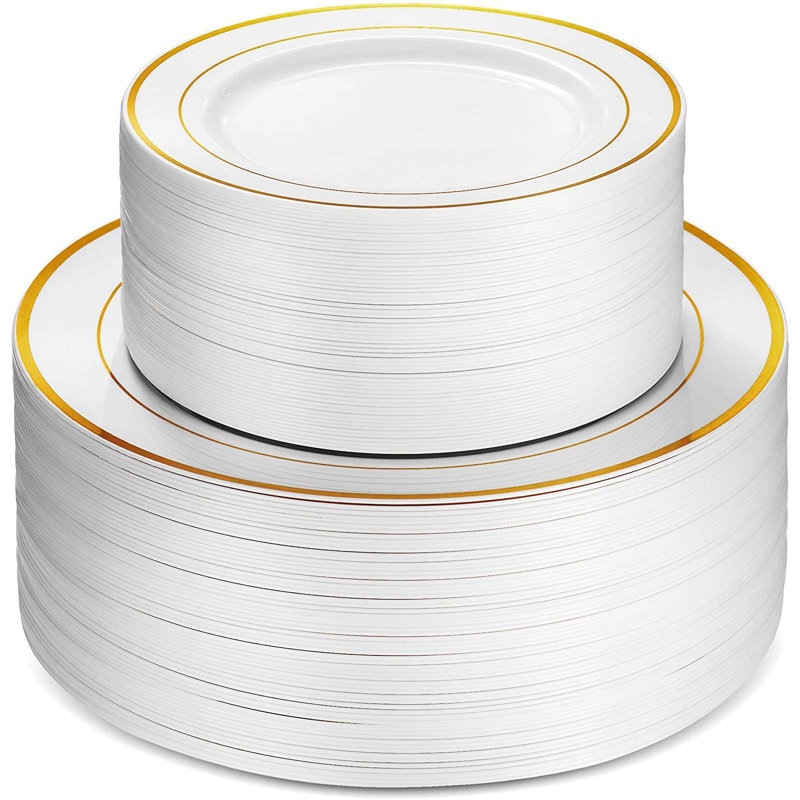 Ensemble de fournitures de fête en plastique pour 100 invités, Blanc / Doré
