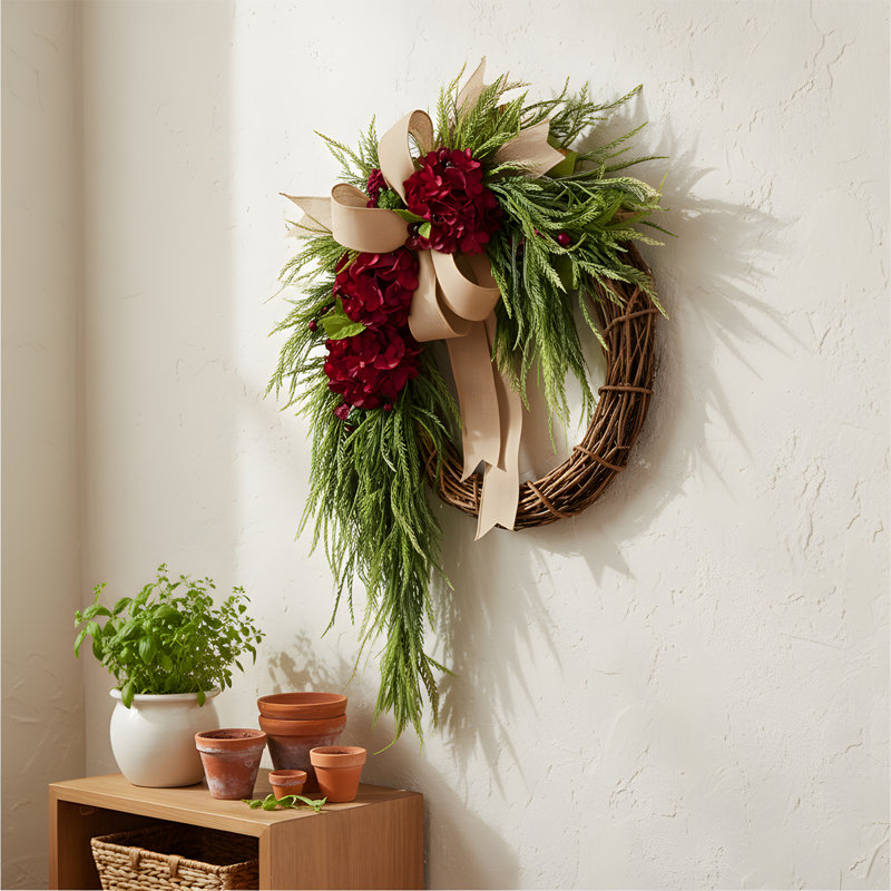 Ornement mural décoratif floral 13,8 pouces avec guirlande de hortensias et guirlande de ferme rustique