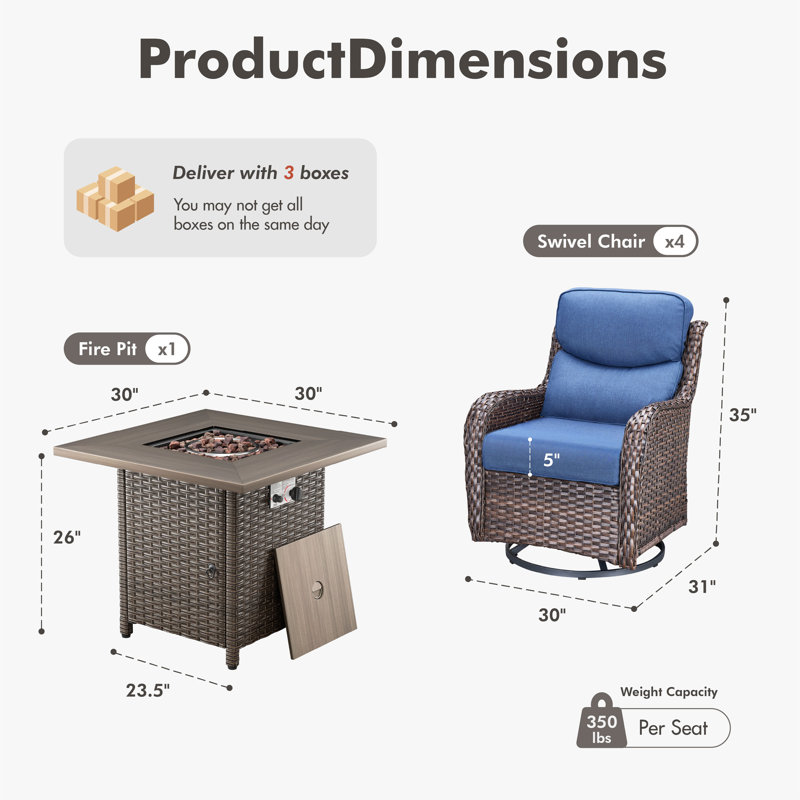 Ensemble de sièges d'extérieur en osier pour 4 personnes avec fauteuils coulissants pivotants, Bleu, Brun