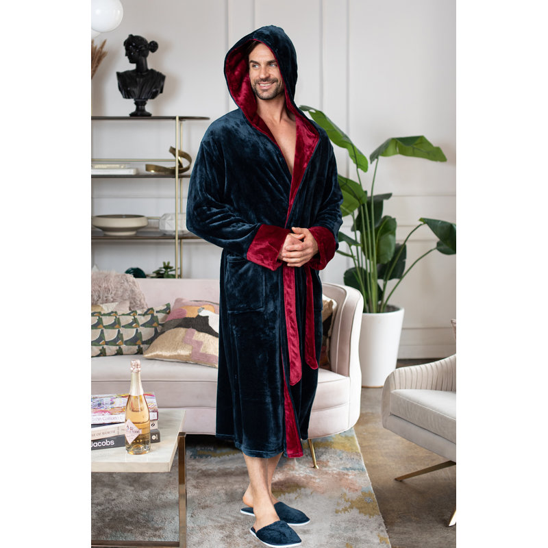 LOTUS LINEN - Peignoir moelleux à capuche, M / G, Bleu marine / bourgogne