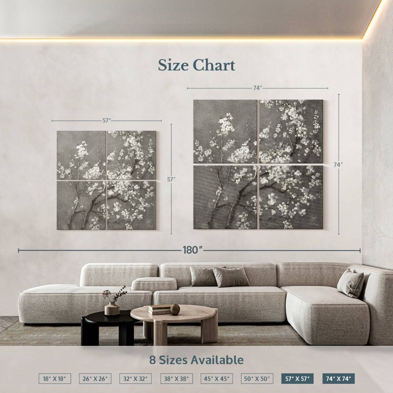 Harnek White Cherry Blossoms I On Grey, 57" H x 57" W