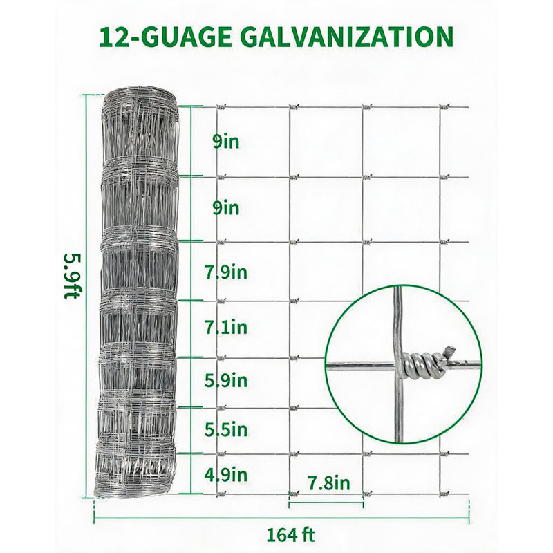Hot-Dip Galvanized Woven Wire Farm Fence Roll, Hinge Knot Field Fence for Cattle/Goats/Sheep/Deer, Heavy-Duty Rust-Resistant Wire Mesh, size: 1.5m high 10 wires | 100m