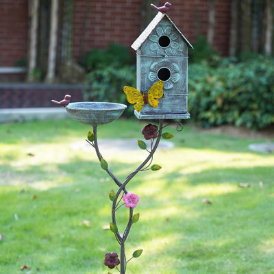 57 H Bird Baths For Outdoors Metal Bird Bath Bowl And Bird House 2In1 Design