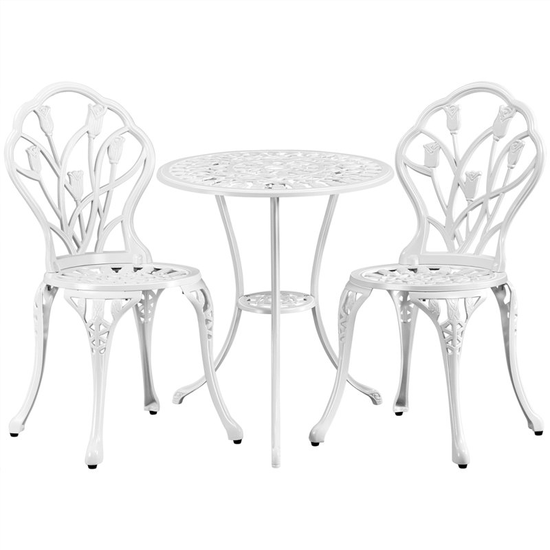 3 Piece Patio Bistro Table Set with Umbrella Hole, White
