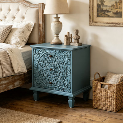 Table de chevet sculptée bleue rétro, armoire de ferme en bois aggloméré en bois massif avec 3 tiroirs à fermeture en douceur, volutes en relief, poignées rétro pour le salon de la chambre à coucher