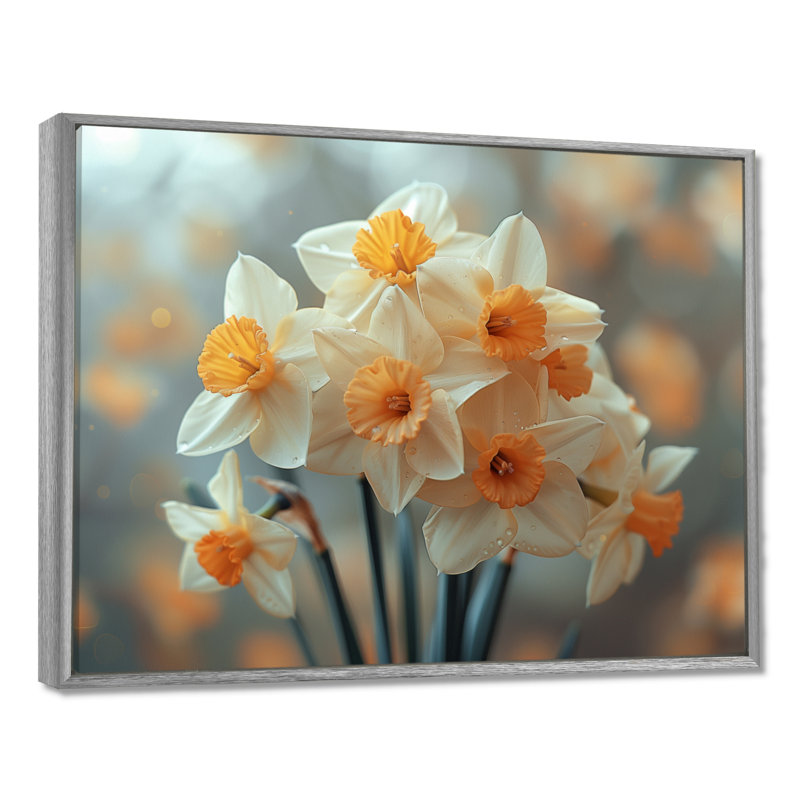 «White Orange Trumpet Of Hope Daffodils - Daffodils», art mural, Encadrement argenté, H 16 po x l 32 po