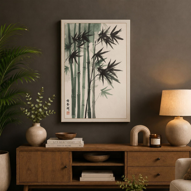 Bamboo in Ink Japandi - Wrapped Canvas, 24x16 - 61.0 x 40.6 cm, Cream Border