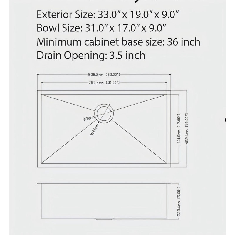 33"X19"X9" Gunmetal Black Undermount  Kitchen Sink 16 Gauge Single Bowl With Drain Assembly