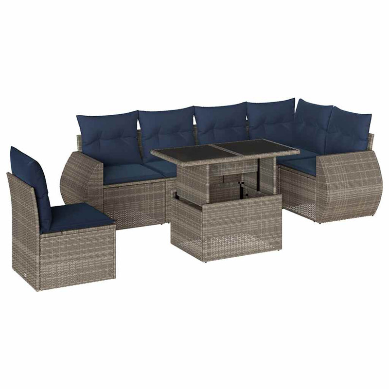 Ensemble de canapé de patio 7 pièces avec coussins en rotin de polyester, Gris, Marine