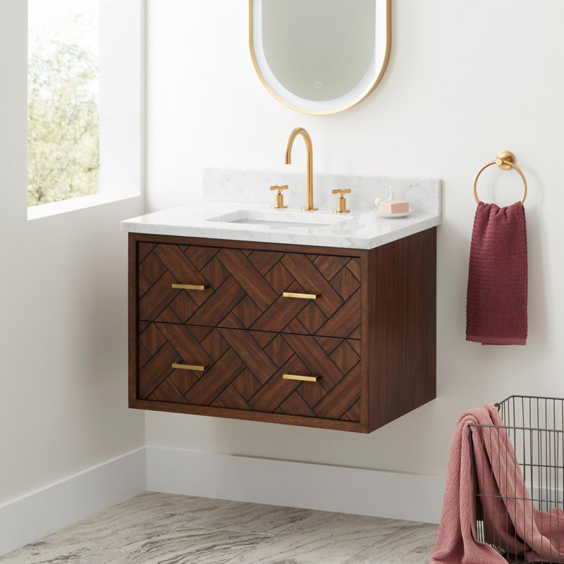 Patzi 24" Wall Mounted Single Basin Vanity Set with Cabinet and Vanity Top, Carrara Marble, 30"