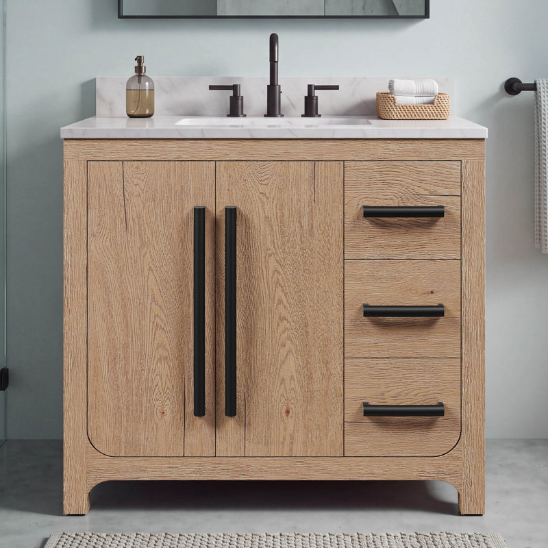 Graelyn 36 In. Single Rectangle Sink Bathroom Vanity With Engineered Carrara White Marble Top In Weathered Oak
