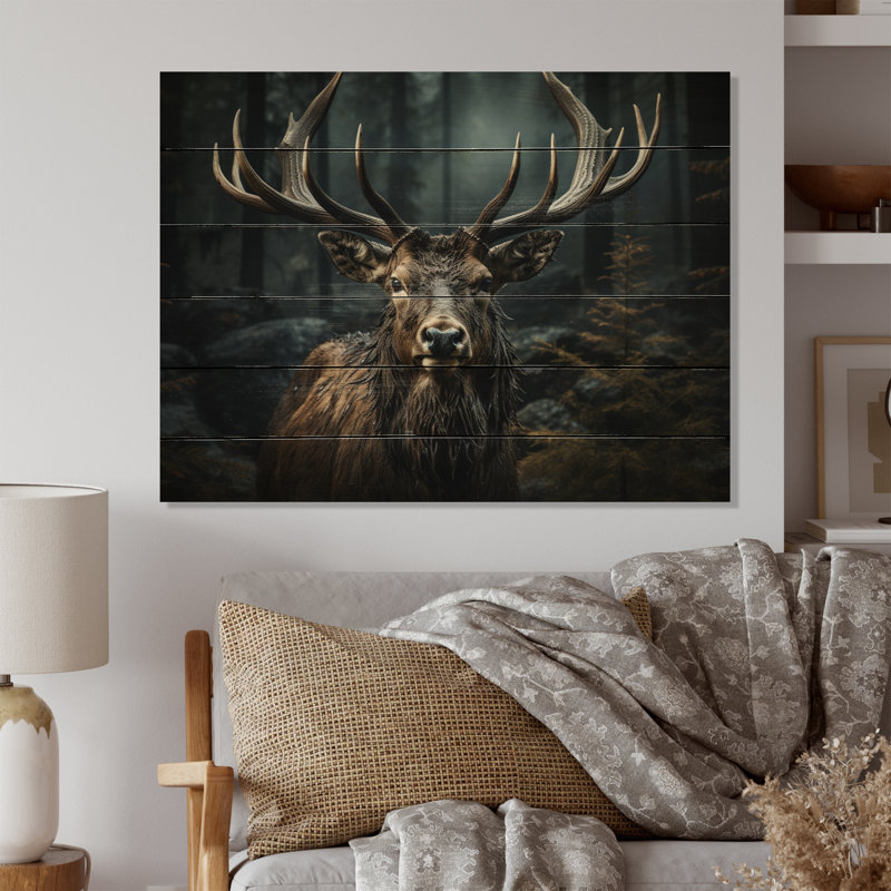 Portrait d'un orignal noir et blanc - reproduction d'animaux sur bois de pin naturel, H 30 po x l 40 po x P 0,78 po