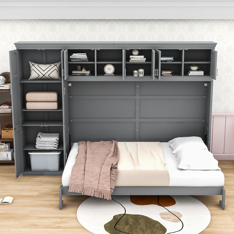 Grand lit escamotable avec armoires et tablettes, Gris