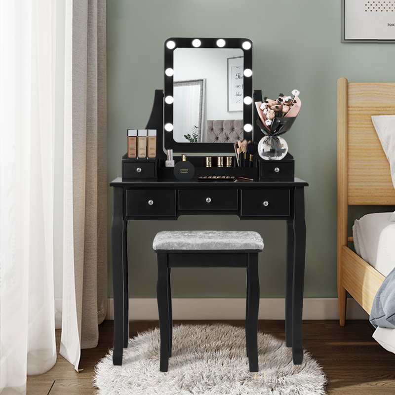 Ensemble coiffeuse et tabouret Anastasiia, Noir, noir, noir, noir