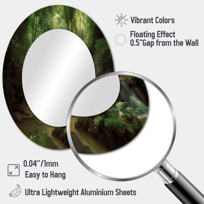 Poock Waterfall In Dense Forest II - Mountains Wall Mirror, Traditional Decorative Mirror, Printed Metal Art, 43" x 33", Oval