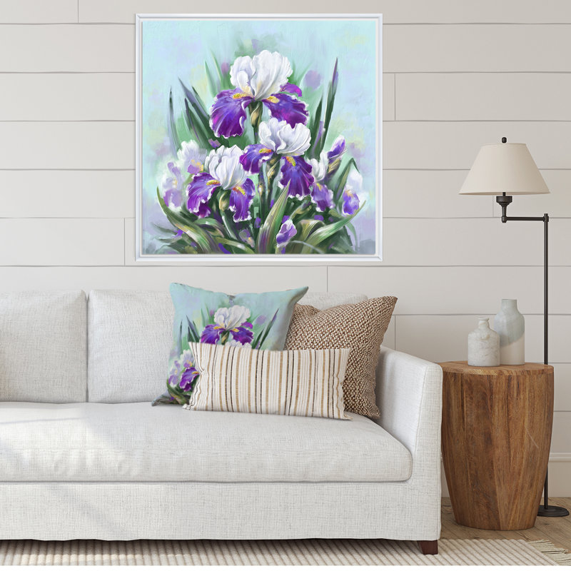 Fleurs et iris mauves en fleurs, H 16 po x l 16 po x P 1 po, Toile encadrée flottée blanche