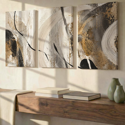3 Pieces Exculisive Neutral and Charcoal Gestural Abstract Panoramic Canvas Wall Art, Canvas Decor for Living Room, Bedroom and Office