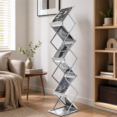 Présentoir de catalogue pliable à six niveaux en alliage d'aluminium ; comprend une housse de transport et une conception légère, convient aux hôtels, salons professionnels, bureaux et salons.
