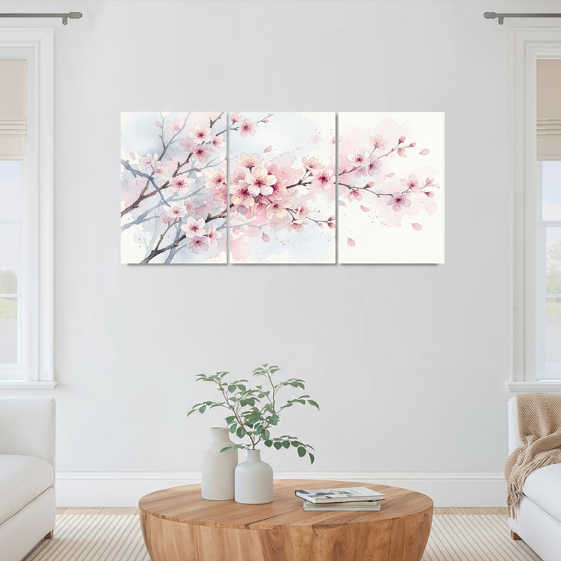Ensemble de 3 toiles peintes à l'aquarelle représentant des fleurs de cerisier, idéales pour la décoration du salon et de la chambre.