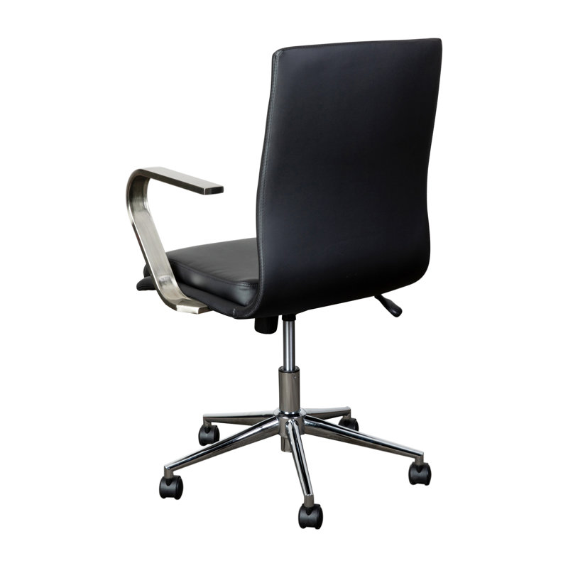 Modern Swivel Mid-Back Executive Chair in Brushed Chrome and Black Leather