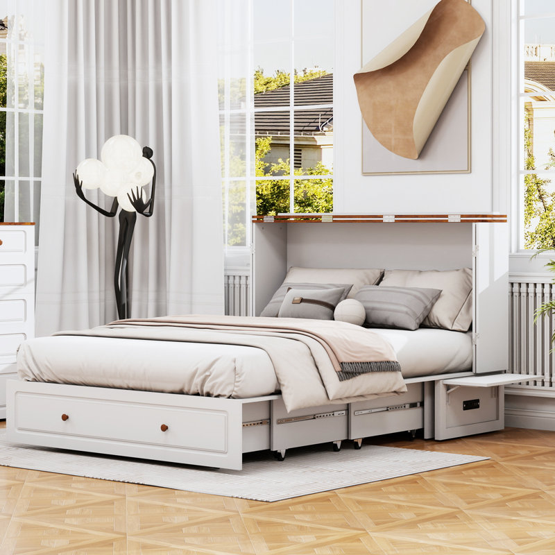 Grand lit escamotable avec tiroirs, armoire grand lit escamotable avec station de charge, matelas inclus, blanc