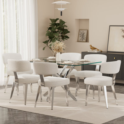 Ensemble de table de salle à manger moderne en métal chromé et verre avec chaises luxueuses Boucle
