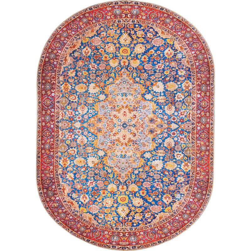 Tapis oriental bleu marine / rouge / orange, Ovale 5 pi x 8 pi