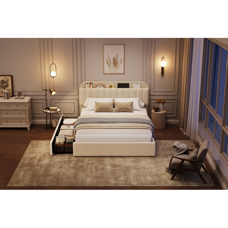 Cadre de lit avec 2 tiroirs de rangement, cadre de lit pour enfant avec tête de lit de rangement, cadre de lit rembourré