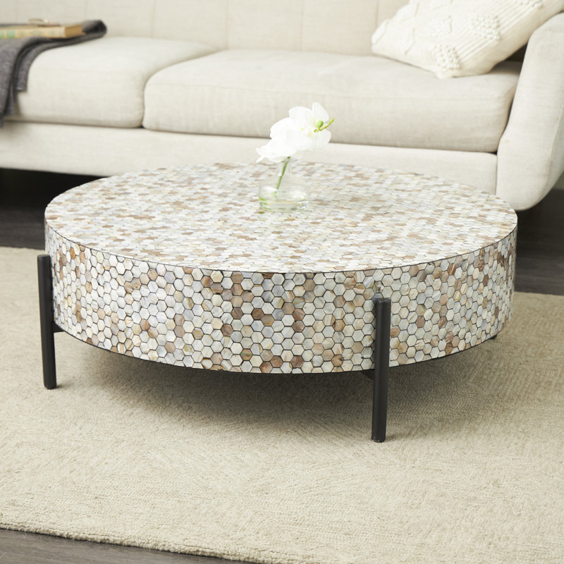 Gray Mother of Pearl Shell Geometric Handmade Mosaic Inlay Living Room Coffee Table with Black Metal Legs, 38" x 38" x 13"