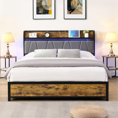 King Size Bed With Headboard Storage And Charging Character, 4 Drawers, Led Lights, Brown Gray Theme Featuring Station, Headboard, Lights In Brown