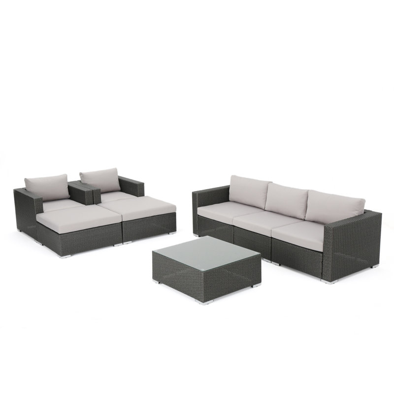 Ensemble de conversation modulaire en rotin avec coussins 8 pièces Jossif, Gris