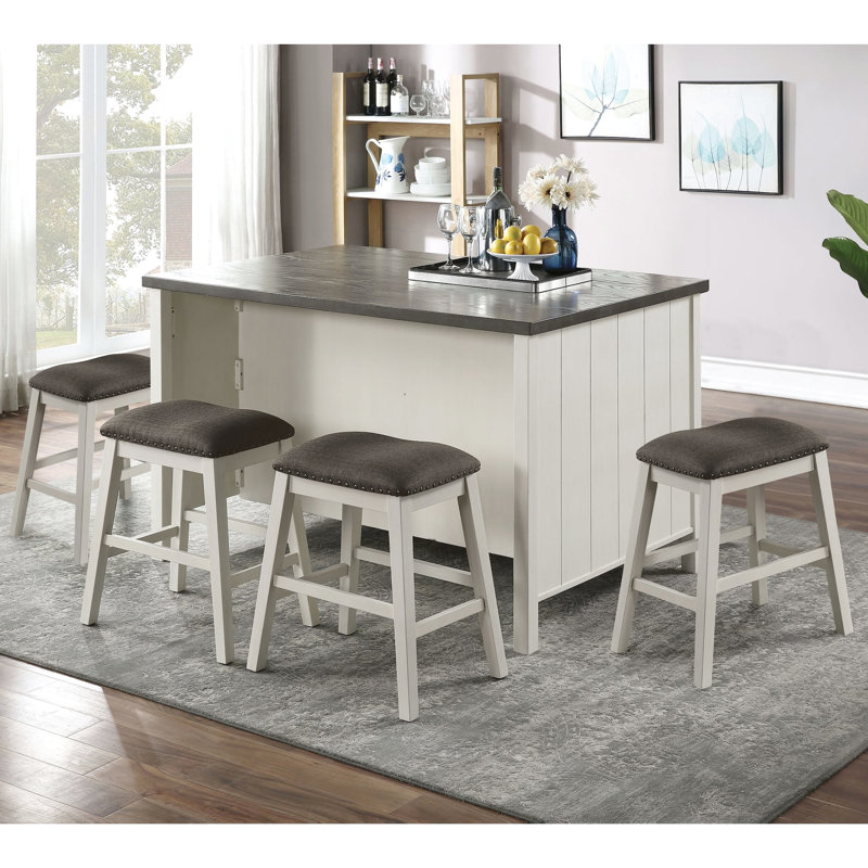 Table de salle à manger contemporaine à hauteur de comptoir 5 pièces, en bois massif, 4 tabourets, armoire de rangement et gris foncé, table en bois avec motif de planches, base à tablettes multiples
