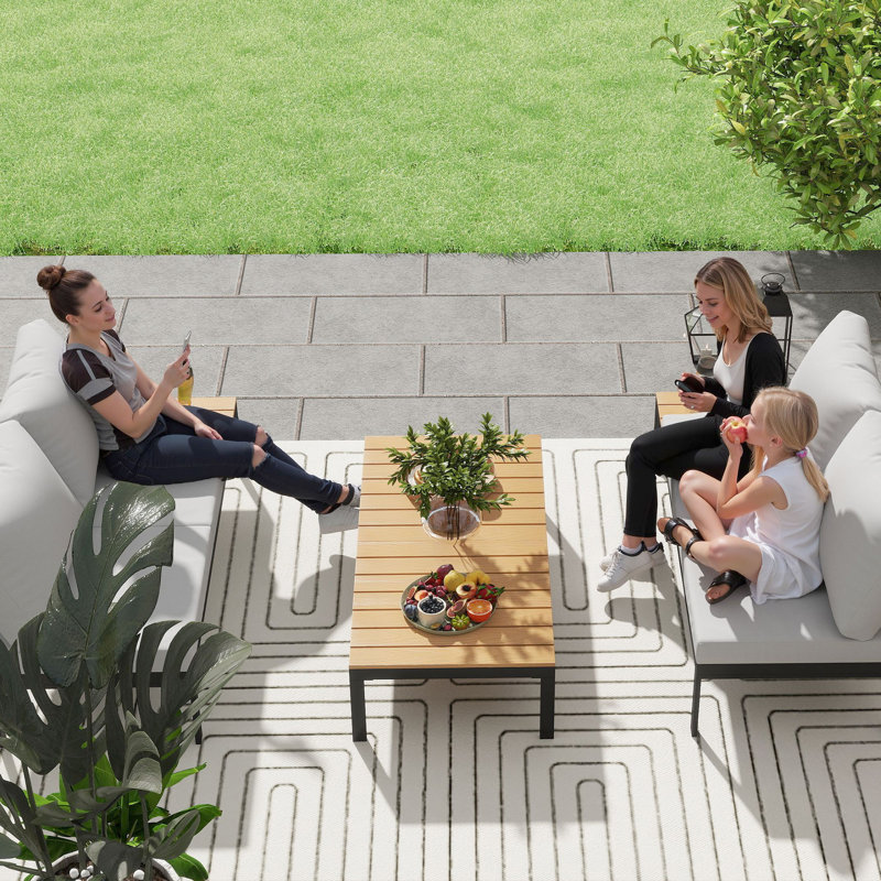 Outsunny 4 Piece L Shaped Garden Furniture Set 4 Seater Corner Sofa, Teak/Black