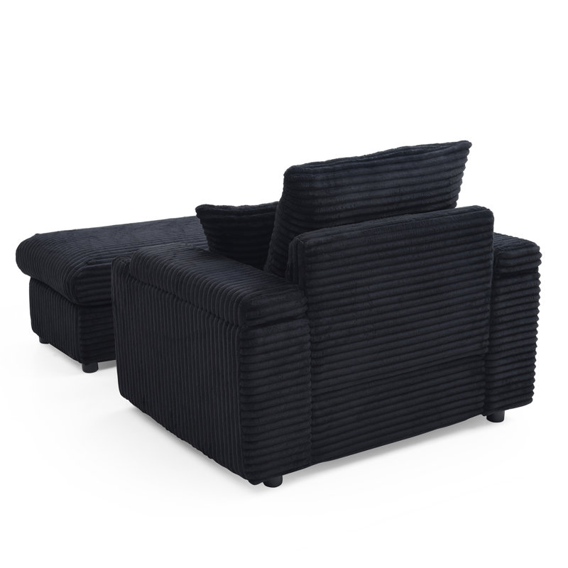 Chaise rembourrée avec repose-pieds Abegale, Velours côtelé noir