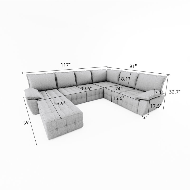 Canapé modulaire 7 pièces Liubomila, 100 % polyester gris clair, Accoudoir à gauche (vu de face)