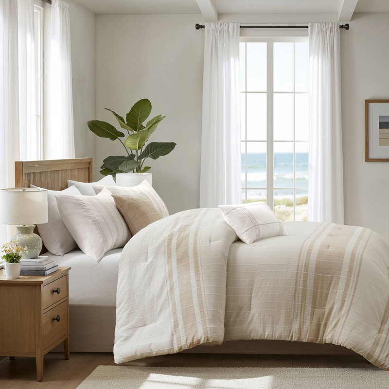 Ensemble d'édredon en jacquard de coton grand pour 6 pièces 6 pièces, Queen Sheet Set with 5 Additional Pieces, Ivory/Taupe