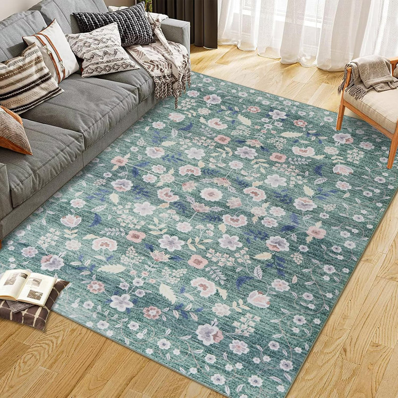 Tapis floral lavable de 10 pi x 13 pi idéal pour la salle à manger, Vert