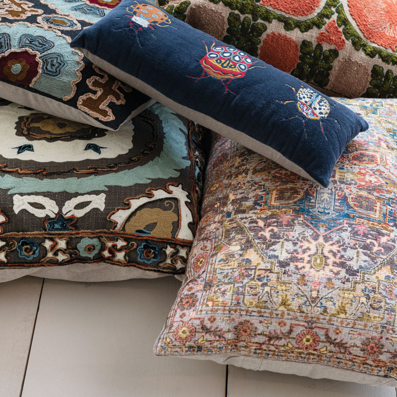 Multicolor Cotton Printed Lumbar Pillow with Chambray Back