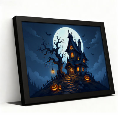 Haunted House With Glowing Pumpkins And Bats Halloween Canvas Wall Art