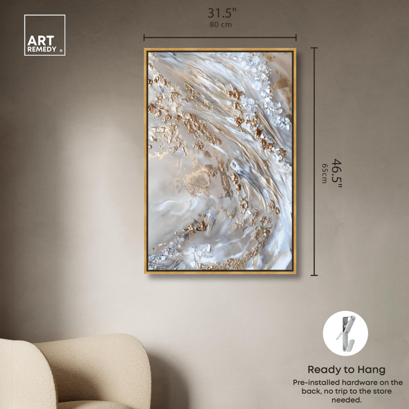 «Parchment Tide Canvas Elegant Gold Abstract» par Art Remedy, Cadre doré, H 46 po x l 31 po