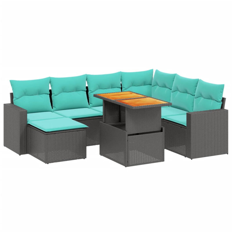 Ensemble de canapé de patio 8 pièces avec coussins en rotin de polyester, Bleu clair, Noir