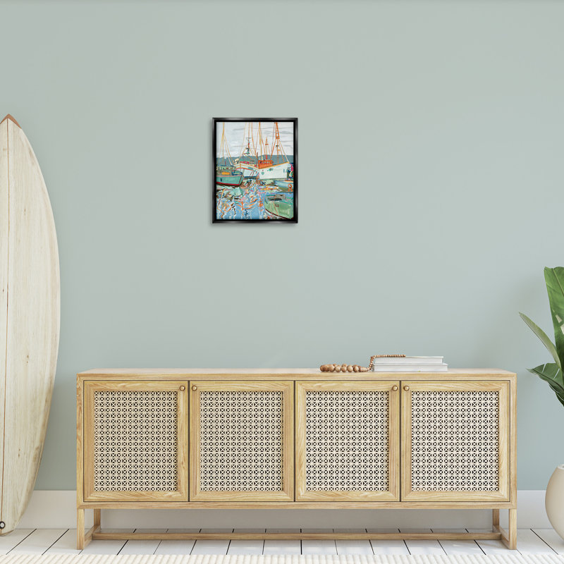 "Modern Boating Harbor" par Melissa Wang sur toile, H 21 po x l 17 po, Cadre flottant noir de jais