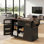 Îlot de cuisine 54,89 pouces noir avec plateau et prises pliables, étagère à 4 portes, porte de grange + porte en verre, chariot de rangement mobile à 4 roues