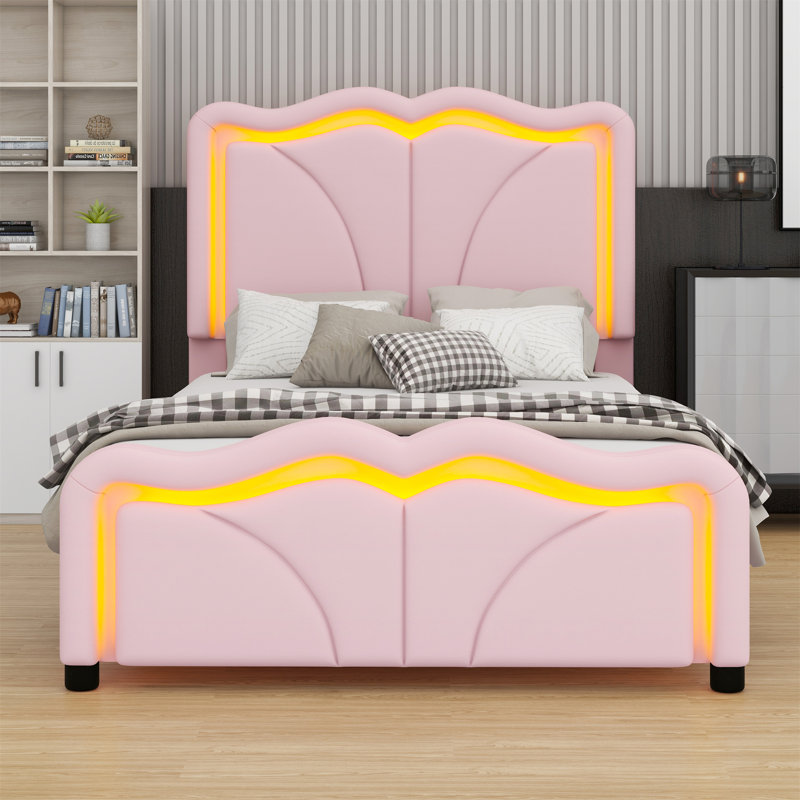 Lit plateforme tapissier avec tête de lit courbée et bandes lumineuses à DEL, Simple, Rose