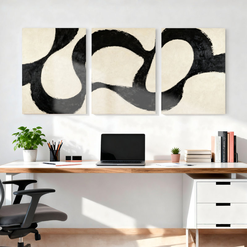 Ensemble de 3 tableaux sur toile à motif vague abstrait noir et crème, H 24 po x l 48 po