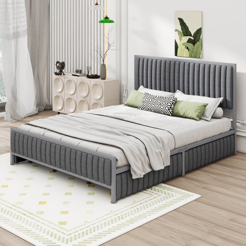Lit tapissier à structure métallique avec 4 tiroirs, Grand, Beige