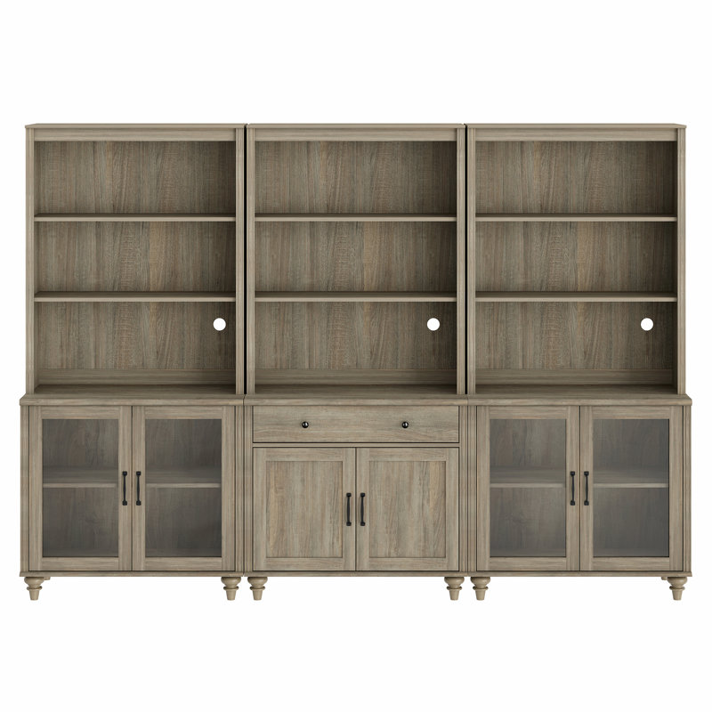 72.1"H X 101.6"W 3-Tier Bookcase With One Drawer And Three Cabinets, Set Of 3 Bookcases Farmhouse Bookshelves For Living Room Bedroom Home Office Kitchen, Wash Gray