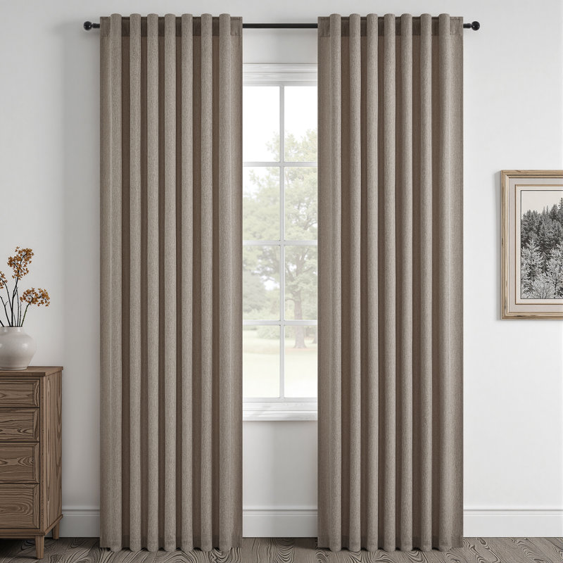 Linen Textured Farmhouse Semi Sheer Window Curtain,Back Tab Hooks Drapes,Pleated Heading Tape (Set of 2 With Hooks), DarkFlax