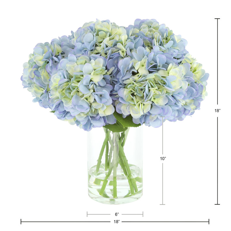 Hortensias disposés dans un vase en verre, Bleu / Vert