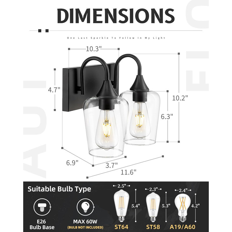 2-Light Bathroom Vanity Light In Matte Black With Clear Glass Shades, Modern Wall Sconce For Mirror Installation, Hardwired Fixture
